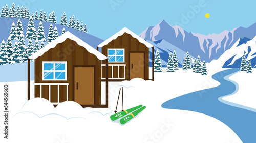 Two wooden houses in the winter in the snow and skiing on the street