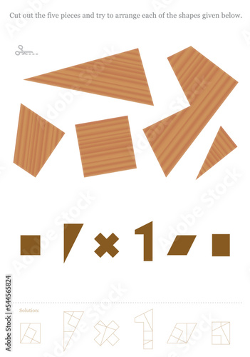 Tiling puzzle to cut out and to arrange different geometrical shapes like triangle, square, cross or rhombus - kind of tangram concentration game with wooden textured pieces to form several figures.
