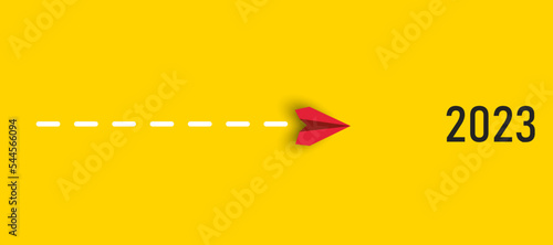red plane is flying 2023. business creativity new idea discovery innovation technology.new year idea concept.new goal action action idea concept.
