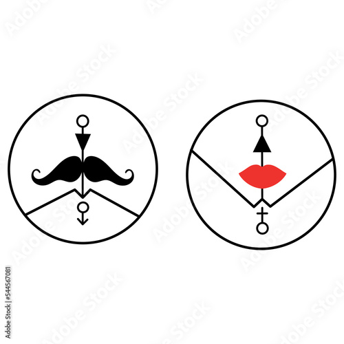 Men and women restroom icon vector illustration.Creative design with female lips and male mustache for bathroom sign.Toilet door wall plate.Original WC signs