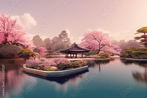 Fotobehang Picture of japanese pagoda in cherry blossom garden with lake