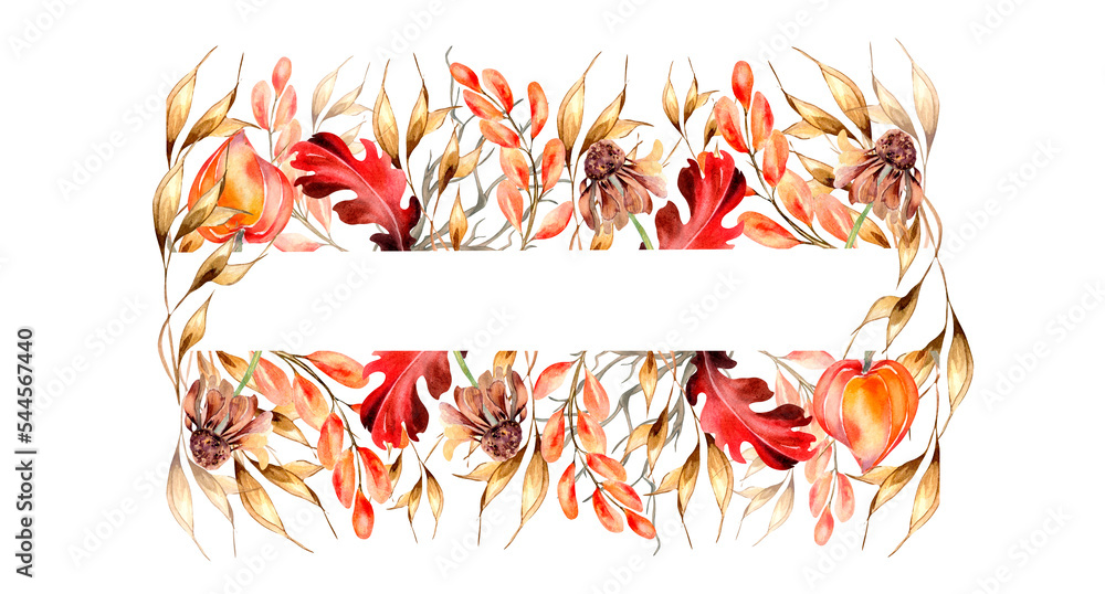 Frame of autumn colorful plants watercolor illustration isolated on white.