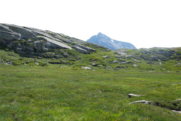 Isolated cutout mountains in the Alps in summer on a white background