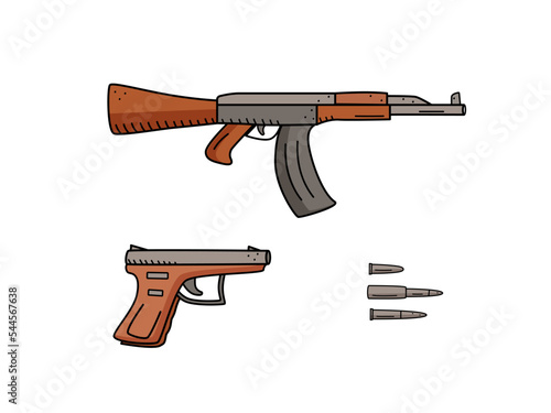 Automatic and gun with bullets and shells, firearms icon vector. Military weapons isolate on white.