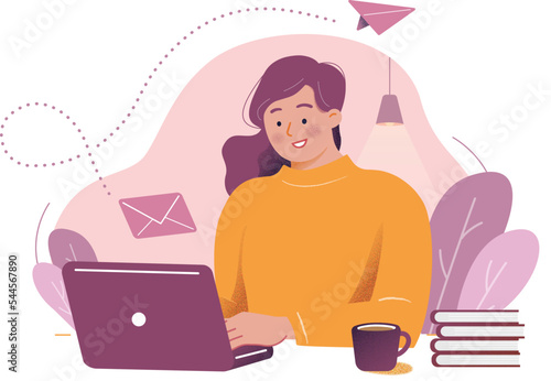 A woman sending an email with a smile