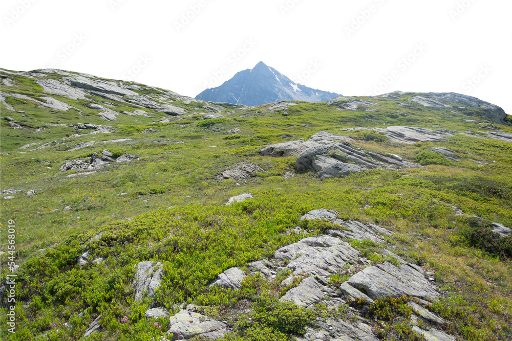Isolated cutout mountains in the Alps in summer on a white background