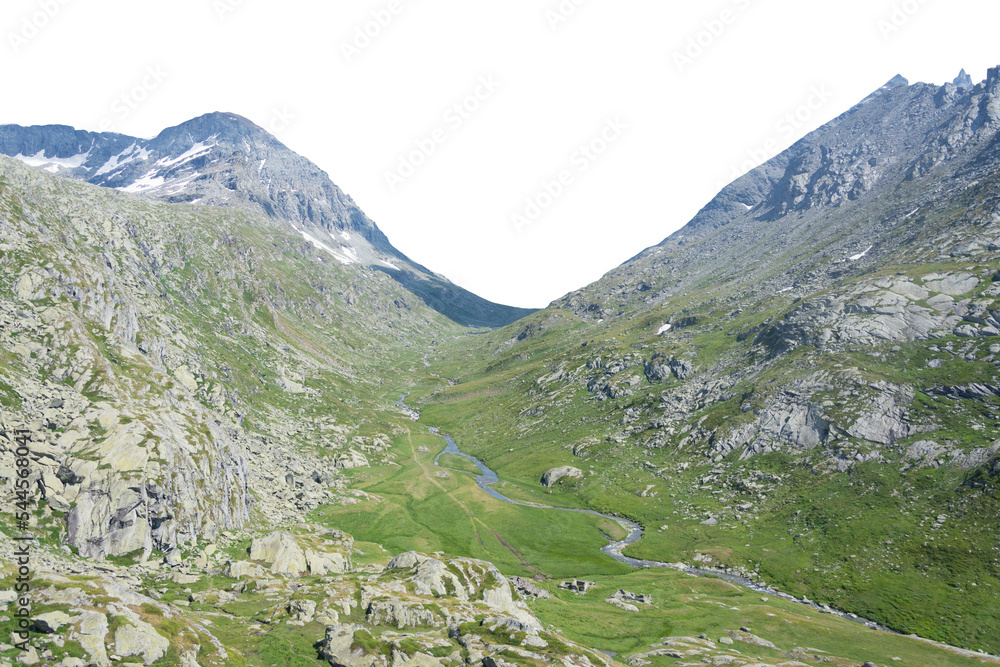 Fototapeta premium Isolated cutout mountains in the Alps in summer on a white background