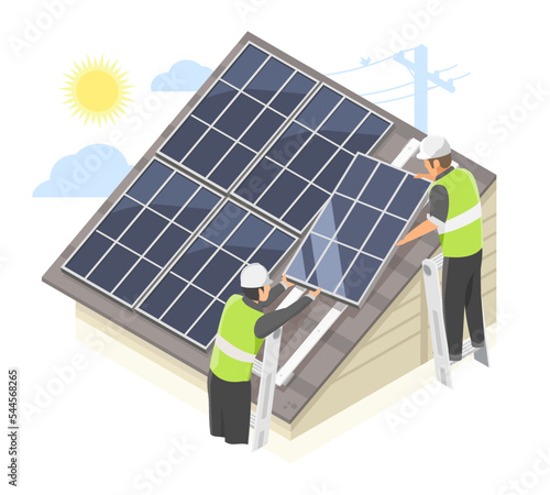 Solar roof top house installer team service concept for customer home ecology and eco business isometric isolate vector
