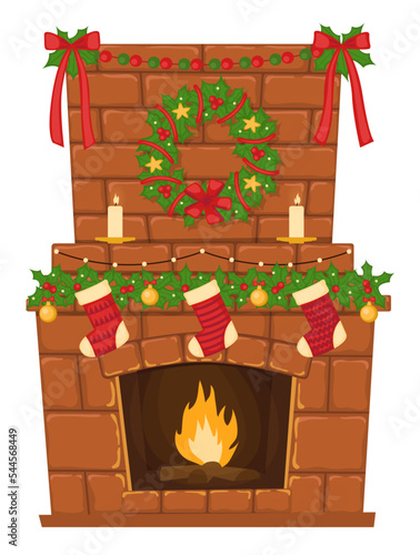 Fireplace decorated for Christmas. Isolated object on a white background.