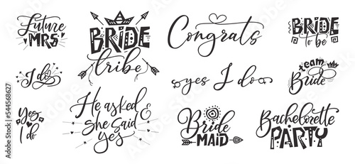Bride tribe hand drawn lettering quote. Wedding inspiration calligraphy crd isolated on white background. Typography romantic bohemian poster. Vector invitation illustration