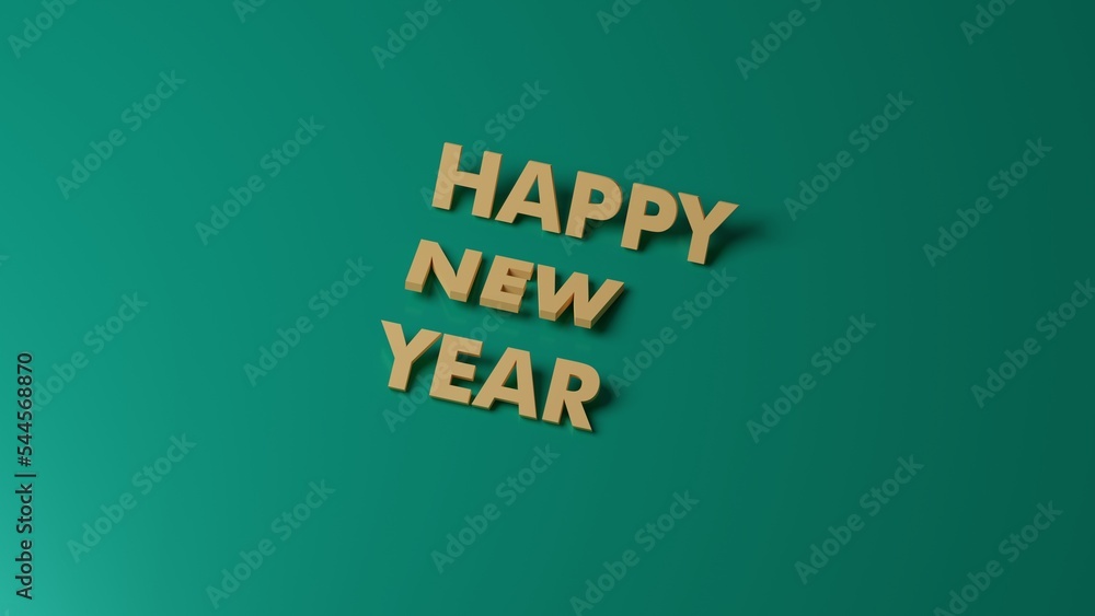 minimalistic strict text Happy New Year yellow-gold color on a green background. with shadows and reflections. 3d render minimalistic strict text Happy New Year yellow-gold color on a green background. with shadows and reflections. 3d render
