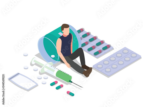 Drugs addict man looks depressed while sitting with drugs on the floor, isometric vector illustration