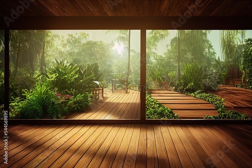 Wooden terrace in the tropical garden style 3d render with old plank background