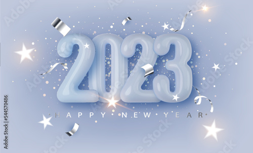 Winter background wich 2023 3d Realistic blue glossy number and falling silver confetti. Greeting card. Vector 3d rendering
