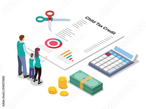 Child tax credit vector concept. Young family looking at child tax credit form while standing with scissor in the studio