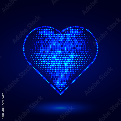 Blue glowing digital heart from glowing points. Cybernetic particle neon heart symbol. Cardiology, healthcare concept.
