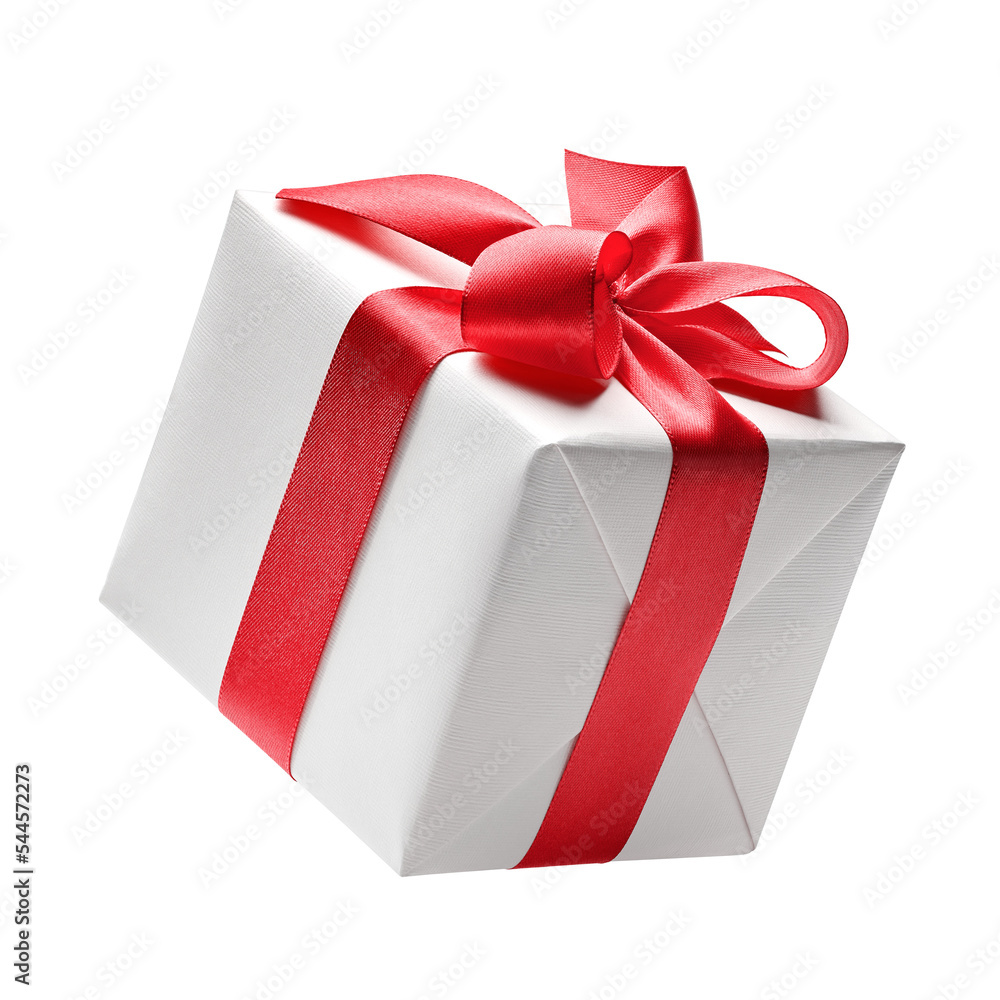 White gift box with red bow	 - obrazy, fototapety, plakaty 