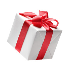 White gift box with red bow	