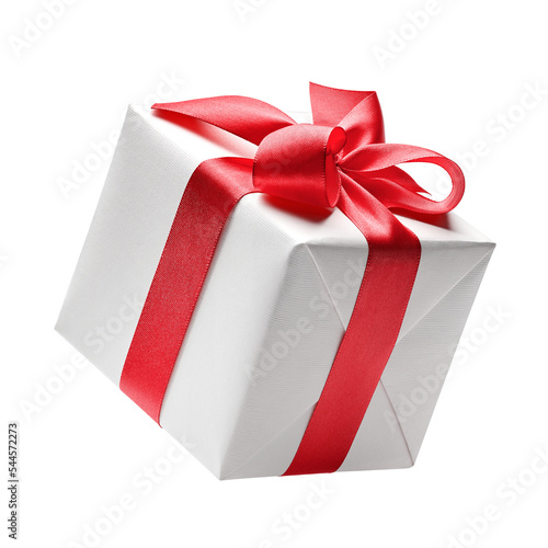 White gift box with red bow	 photo