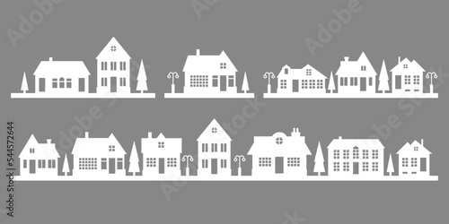 Silhouette of houses on the skyline. Suburban neighborhood landscape. Countryside cottage homes. Glyph vector illustration.
