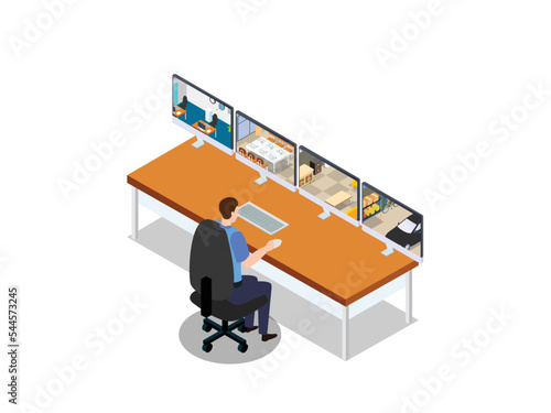 Security staff vector concept. Security man watching video surveillance while sitting in front of monitors