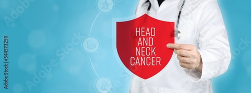 Head and neck cancer. Doctor holding red shield protection symbol surrounded by icons in a circle. Medical word