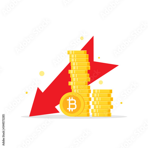 golden bitcoins stack with arrow down. Economy, finance, money, investment symbol. diagram concept. Crypto currency fall, decrease virtual electronic, internet money.