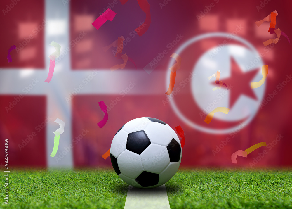 Naklejka premium Football Cup competition between the national Denmark and national Tunisia.