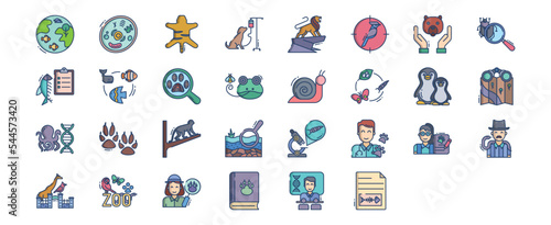 Collection of icons related to Zoology, including icons like Animal cell, Animal, Birds, Ichthyology and more. vector illustrations, Pixel Perfect set
