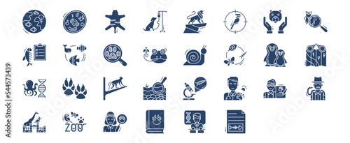 Collection of icons related to Zoology, including icons like Animal cell, Animal, Birds, Ichthyology and more. vector illustrations, Pixel Perfect set
