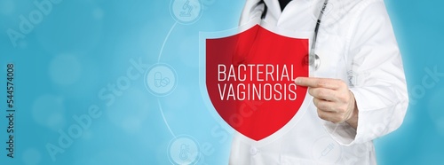 Bacterial vaginosis. Doctor holding red shield protection symbol surrounded by icons in a circle. Medical word