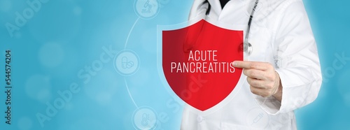 Acute pancreatitis. Doctor holding red shield protection symbol surrounded by icons in a circle. Medical word