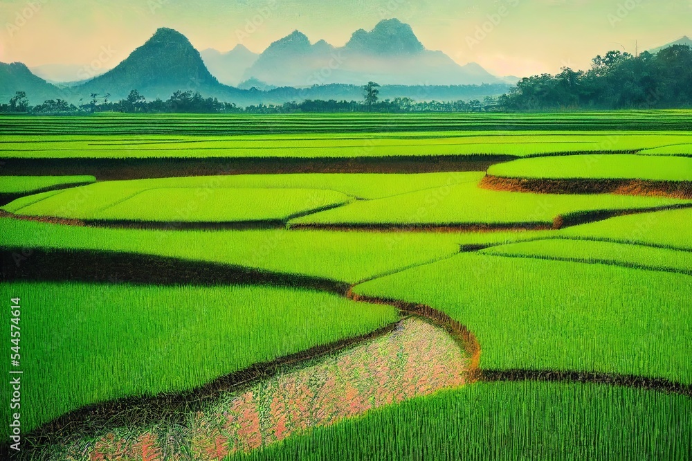 Fototapeta premium Background of Beautiful natural scenery with green rice fields