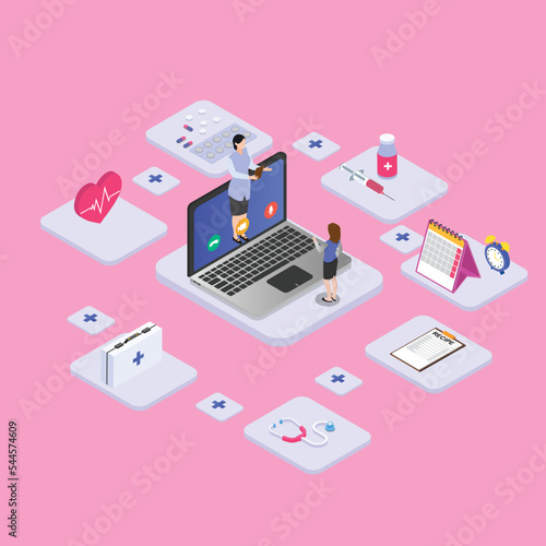 Virtual online doctor talking with a patient through a laptop computer screen by online service communication, isometric illustration design