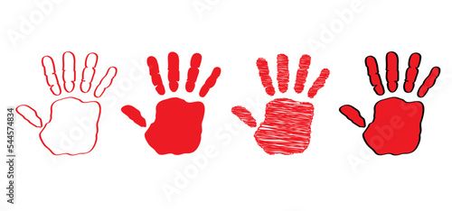 Red hand day. Paint hand or handprint silhouette. February, campaign to end the use of child soldiers. Help, help to stop child abuse. Show your red hand to the world. Red hands, war photo
