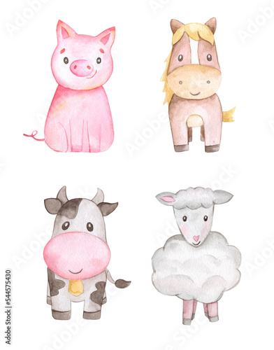 Lamb Sheep, horse, cow, pig Watercolor Illustration. Hand drawn cartoon farm animals  set isolated. Cute illustration of animal for baby style design