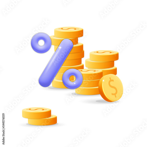3d vector cartoon render stack of gold dollar coins with percentage symbol, cost rising icon and percent profit interest increase symbol design