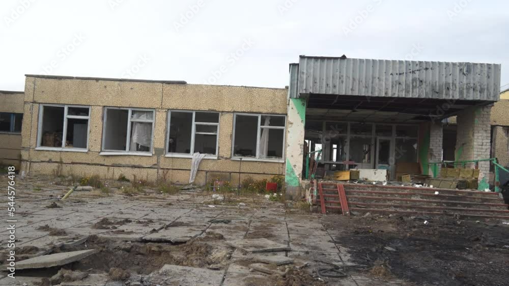 War in Ukraine. Russian invasion of Ukraine. Entrance to the school destroyed by shelling War in Ukraine. Russian invasion of Ukraine. Entrance to the school destroyed by shelling