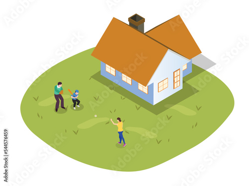 Family playing baseball in the backyard