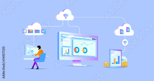 Cloud and internet connectivity. Internet technology and communication concept. Internet of things vector illustration. Person connecting to the cloud server 