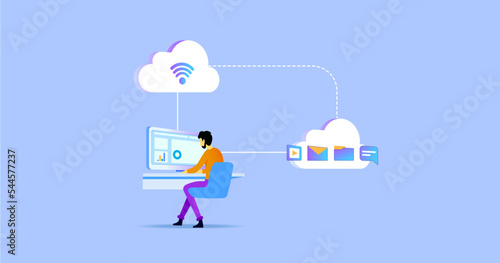 Cloud and internet connectivity. Internet technology and communication concept. Internet of things vector illustration. Person working with multimedia.