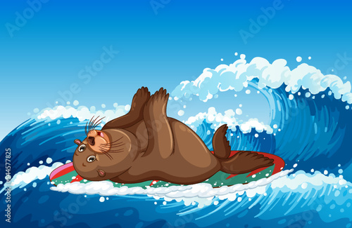 Sea lion on surfboard in the ocean