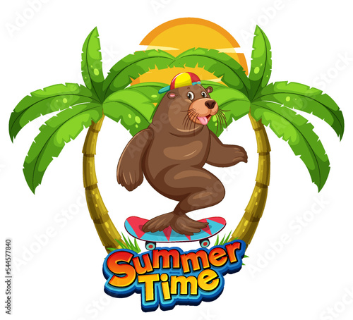 Sea lion cartoon character with summer time word