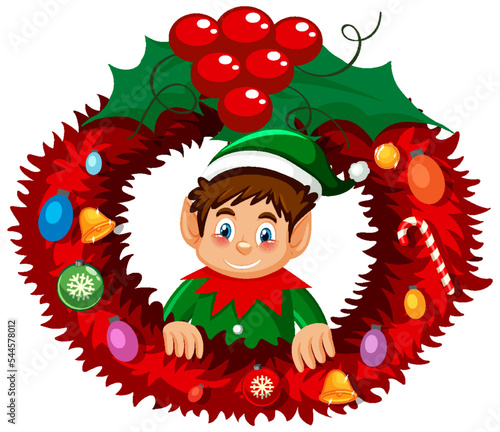 Elf Christmas wreath in cartoon style