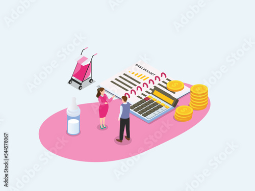 Child budget vector concept. Two parents calculate their baby budget