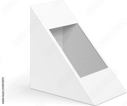 Mockup White Cardboard Triangle Box Packaging For Sandwich, Food, Gift Or Other Products. Illustration Isolated On White Background. Mock Up Template Ready For Your Design. Product Packing