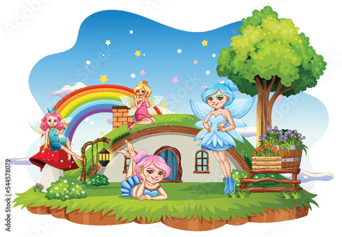 Fairies at hobbit house on white background