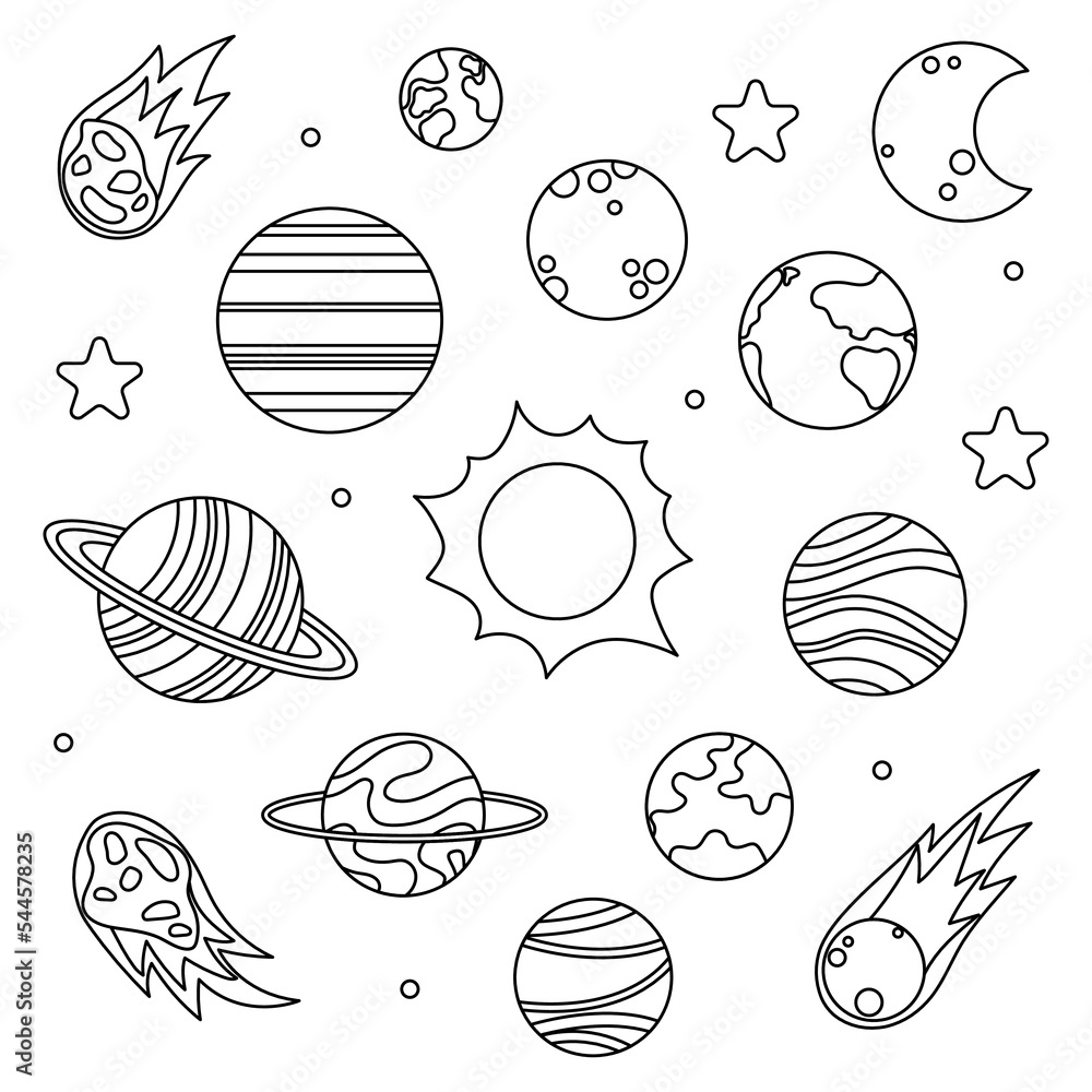 Solar system doodles isolated on a white background. Planets, asteroids, comet, stars, sun and moon.