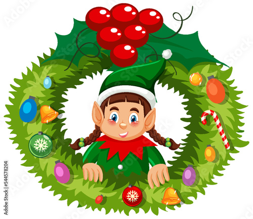 Elf Christmas wreath in cartoon style