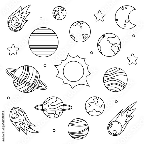 Solar system doodles isolated on a white background. Planets, asteroids, comet, stars, sun and moon.